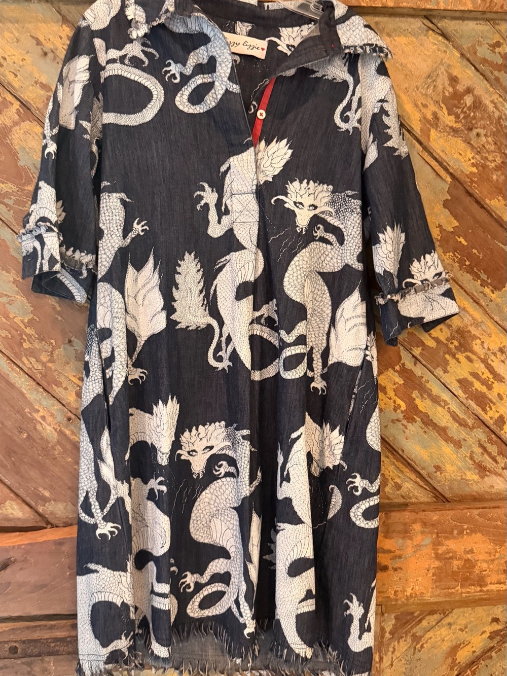 Dizzie Lizzie Rare Dragon Print 3/4 Sleeve Chatham  Dress  Frayed Chinoiserie